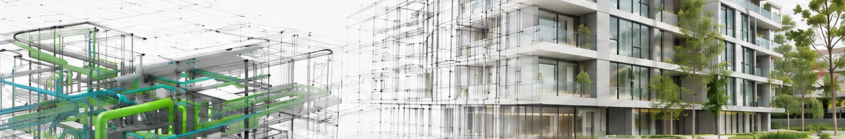 Maquette numérique BIM : réseaux techniques colorés et immeuble de logements en filaire