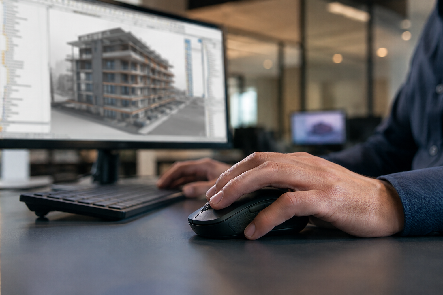 Projeteur travaillant sur une maquette BIM Revit d'immeuble à l'écran