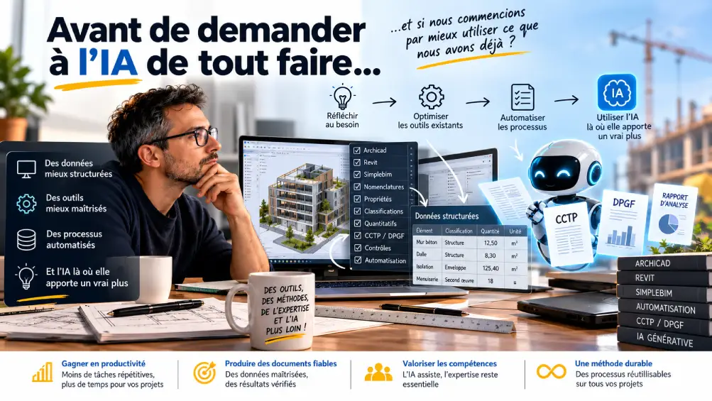 Avant de demander à l'IA de tout faire : réfléchir au besoin, optimiser les outils existants (Archicad, Revit, Simplebim), automatiser les processus, puis utiliser l'IA là où elle apporte un vrai plus