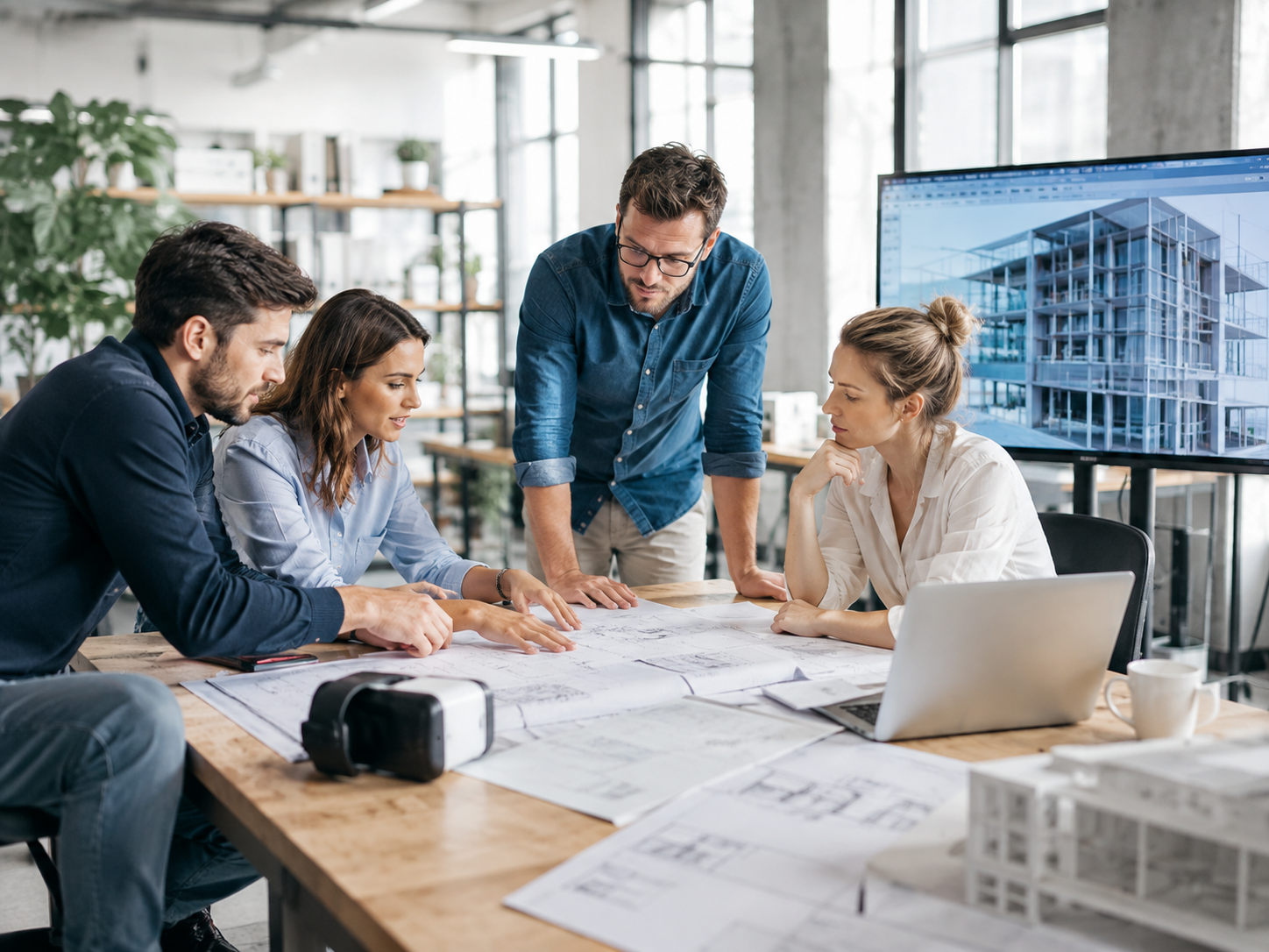Équipe d'architectes analysant des plans et une maquette Archicad à l'écran lors d'une formation CADatWORK