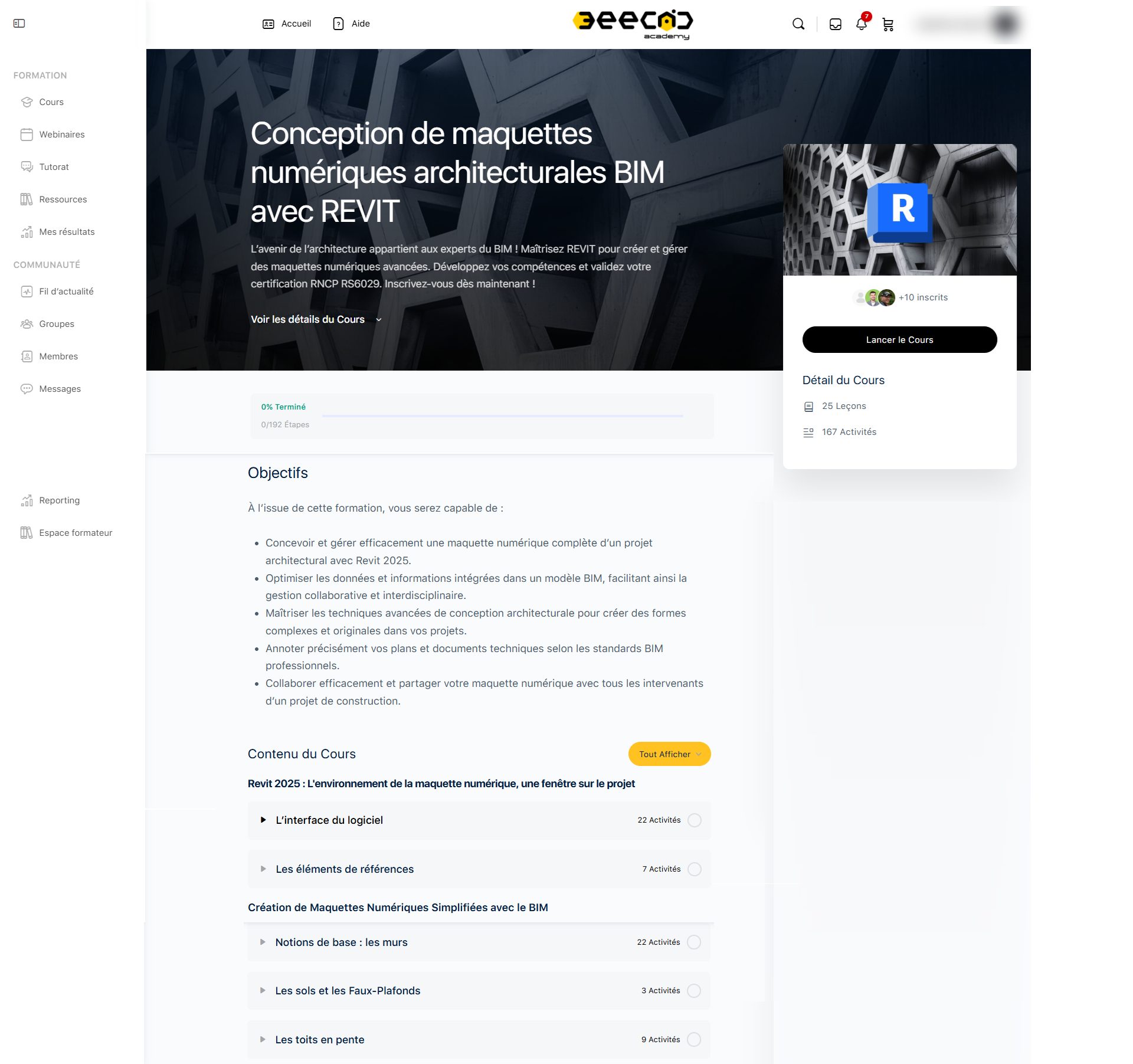 Interface de la plateforme BeeCAD Academy : page d'un cours Revit avec objectifs, progression et contenu du cours