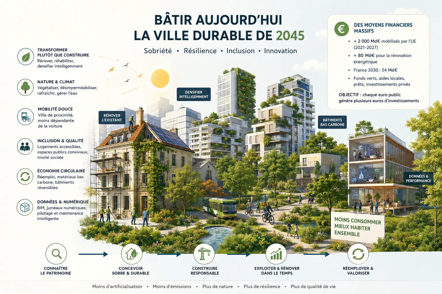 Vue prospective d'un quartier européen transformé à l'horizon 2045