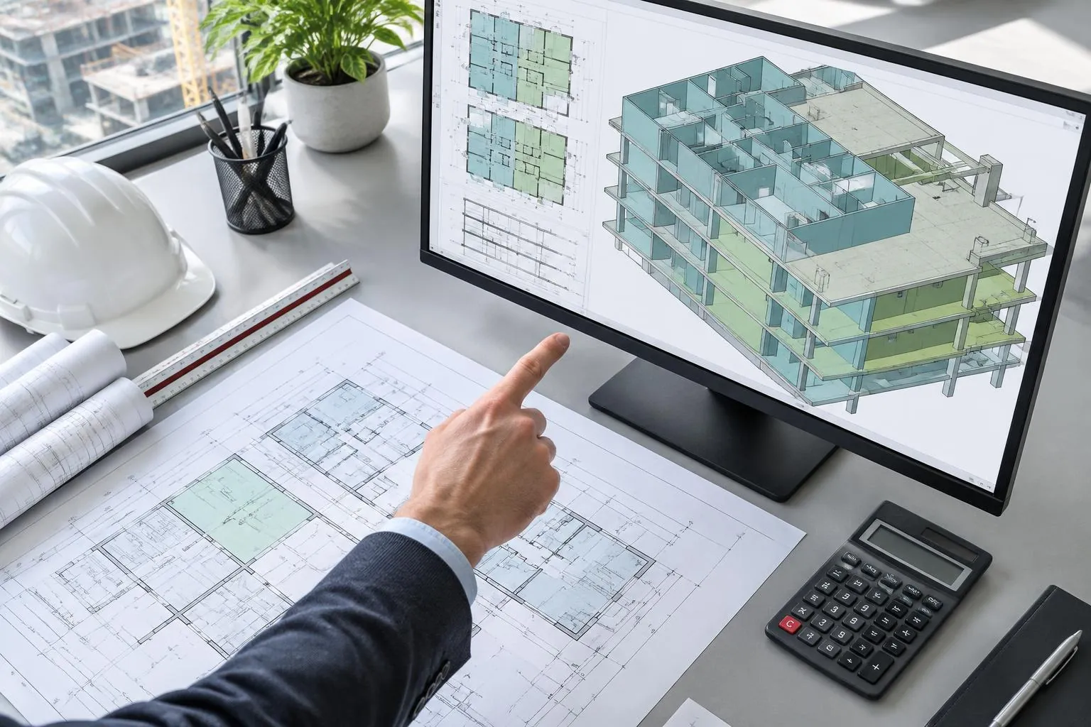 Illustration de la validation humaine des métrés BIM : maquette architecturale, plans et calculatrice, avant automatisation et IA