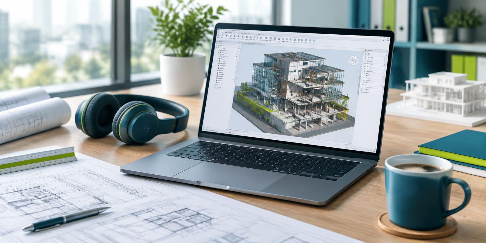 Formation en ligne BIM : ordinateur portable affichant une maquette 3D sur un bureau d'architecte